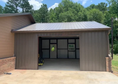 a building with a garage door